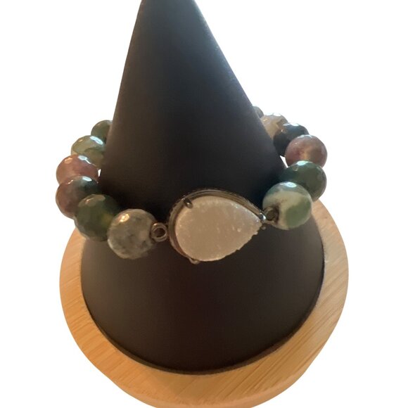 Natural Agate Quartz Druzy Stone Beaded Bracelet Teardrop Tight Stretch 6" - Picture 1 of 5